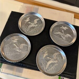 Set of Four Vintage Silver aluminum Mallard Duck Bird Coasters